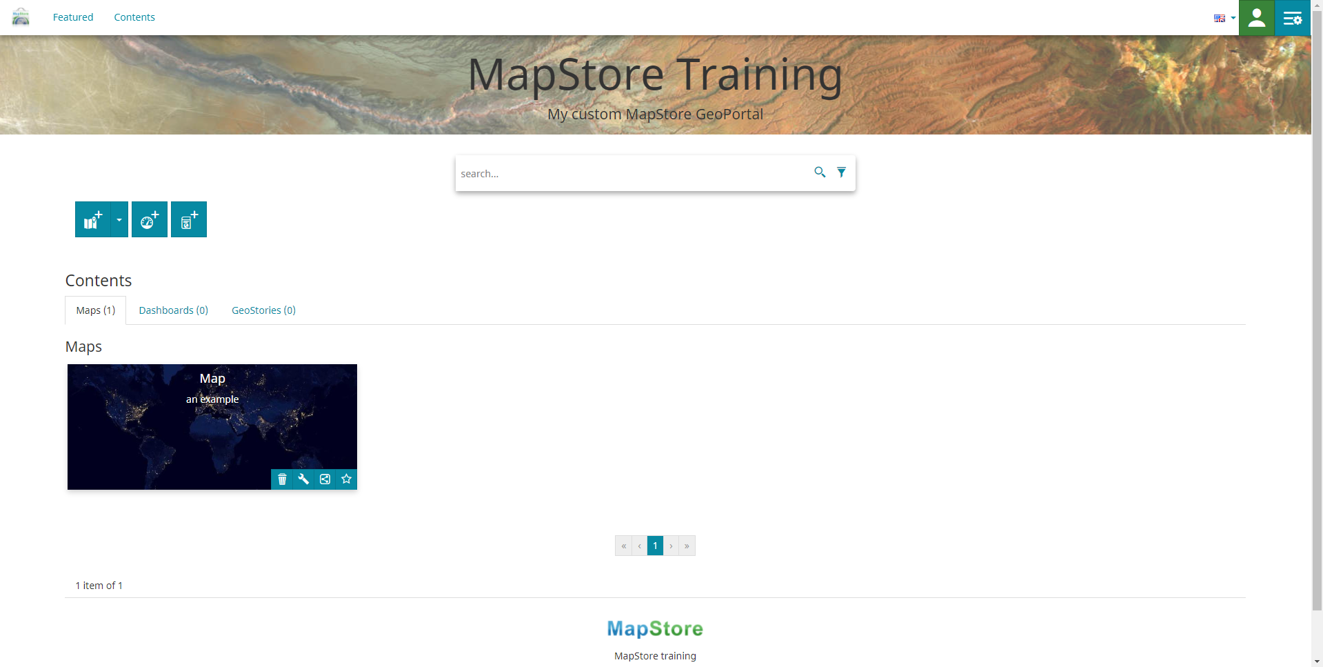 MapStore homepage with a custom text and translations