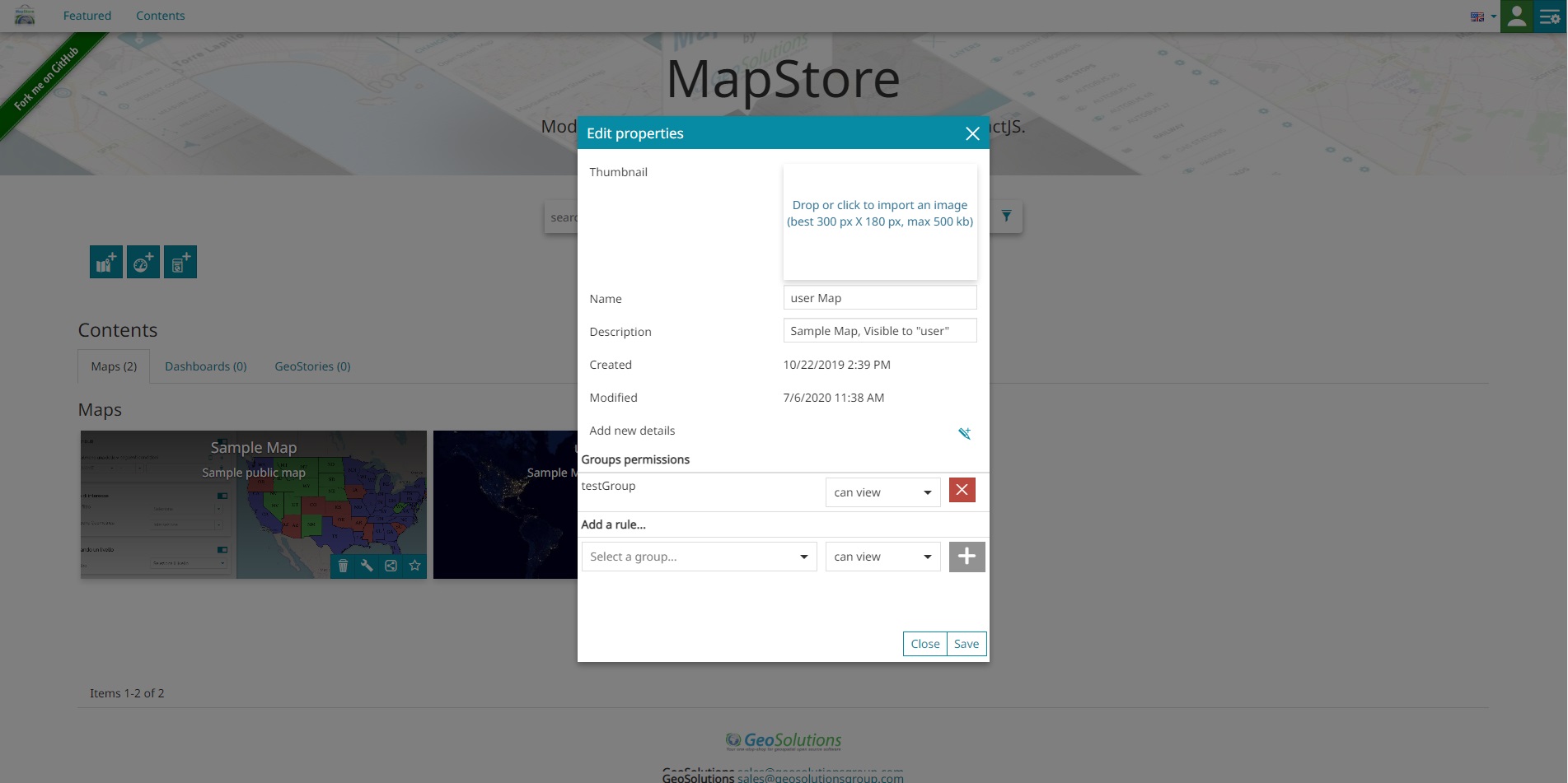 Resource properties showing permissions and metadata