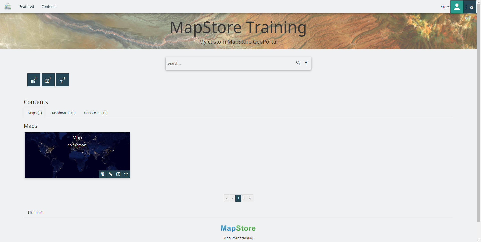 MapStore homepage with a custom styling